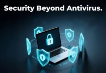 Laptop with security icons and shield symbols representing modern cybersecurity beyond traditional antivirus protection.